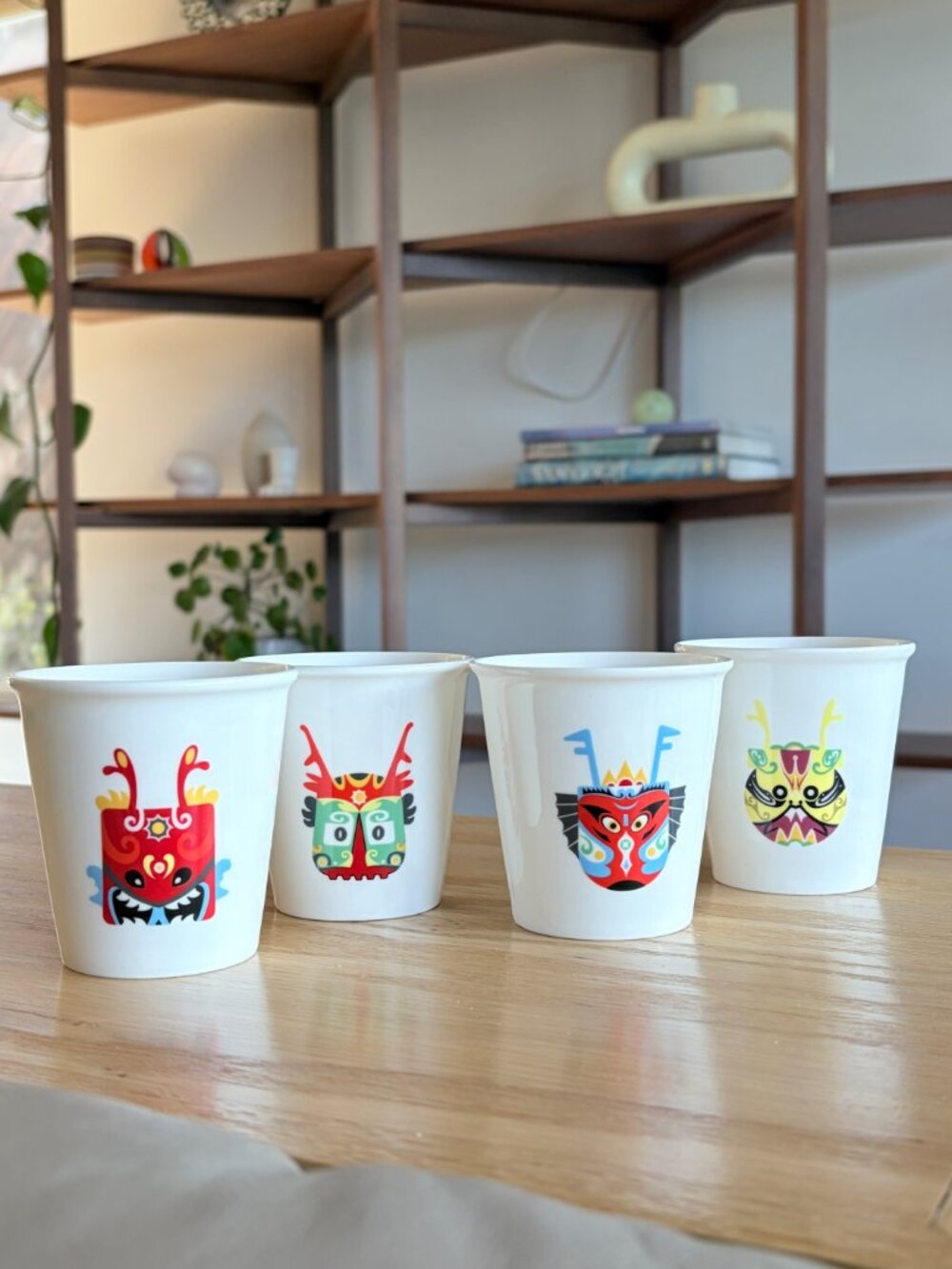 Rare Mint CB2 Chinese Dragon Mask Porcelain Tea Cups – Complete Set of 4 c 2013